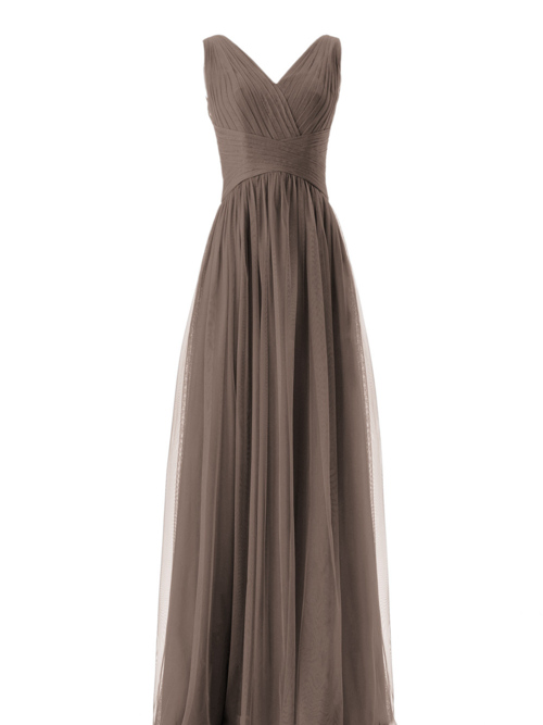 A-line V Neck Tulle Chocolate Bridesmaid Dress