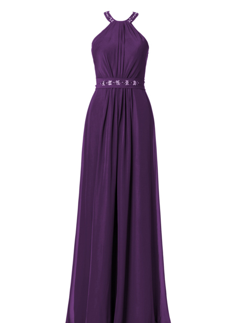 A-line Jewel Chiffon Purple Bridesmaid Gown Beads