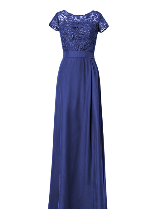 A-line Scoop Chiffon Lace Sleeves Blue Bridesmaid Dress