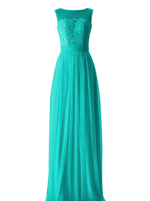A-line Sheer Lace Tulle Mint Bridesmaid Dress