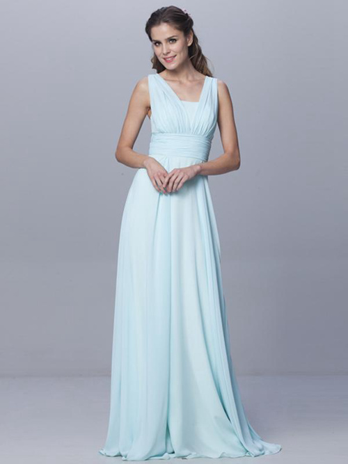 A-line Straps Chiffon Sky Blue Bridesmaid Dress