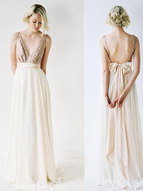 A-line V Neck Sequins Chiffon Bridesmaid Dress