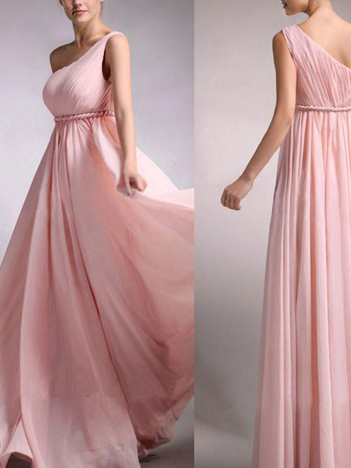 A-line One Shoulder Chiffon Pink Bridesmaid Gown
