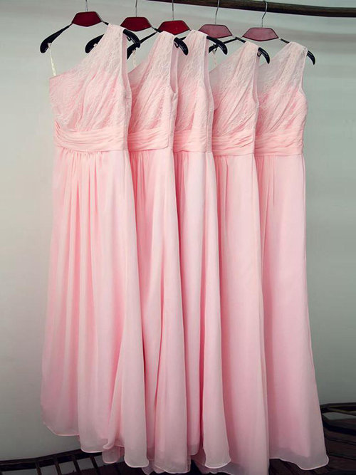 A-line One Shoudler Lace Chiffon Bridesmaid Dresses