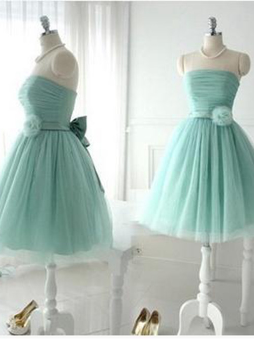 Princess Strapless Short Tulle Mint Bridesmaid Dress