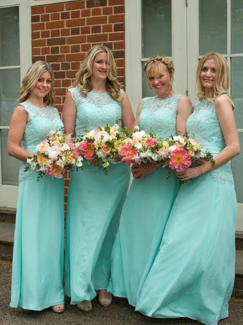 A-line Jewel Lace Chiffon Mint Bridesmaid Dresses
