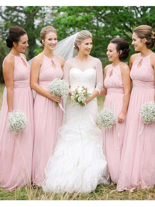 A-line Jewel Chiffon Pink Bridesmaid Dresses
