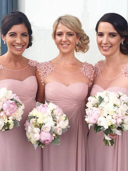 A-line Sheer Pink Chiffon Bridesmaid Dresses Applique