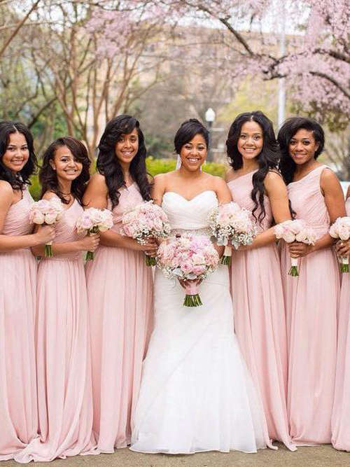 A-line One Shoulder Chiffon Pink Bridesmaid Dresses
