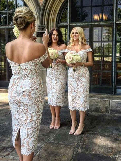 Sheath Off Shoulder Tea Length Lace Bridesmaid Dresses