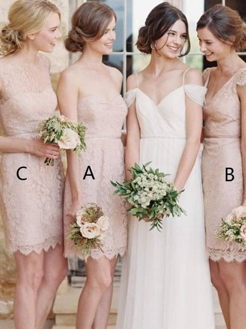 Sheath Different Necklines Lace Short Bridesmaid Dresses