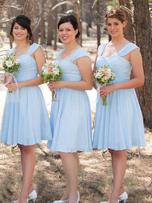 A-line Straps Chiffon Blue Short Bridesmaid Dresses