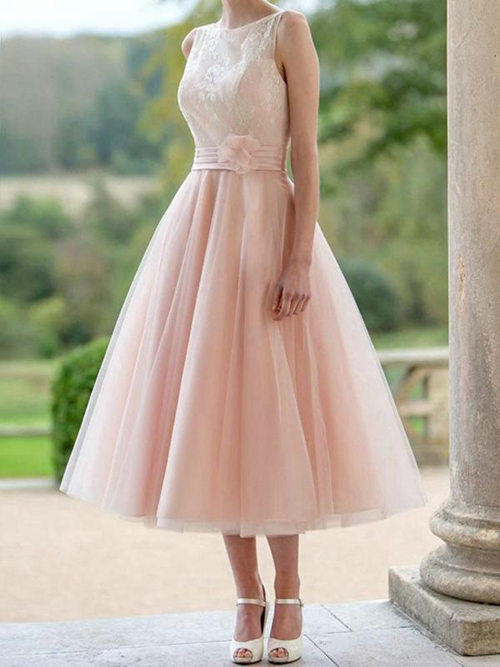 Princess Sheer Tea Length Tulle Bridesmaid Dress Applique