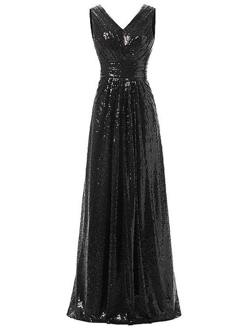 A-line V Neck Sequins Black Bridesmaid Dress