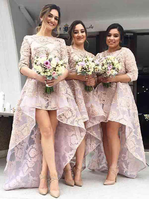 A-line Jewel Lace Sleeves Hi Lo Bridesmaid Dresses