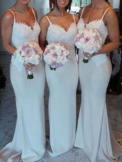Mermaid Spaghetti Straps Satin Bridesmaid Dresses Applique