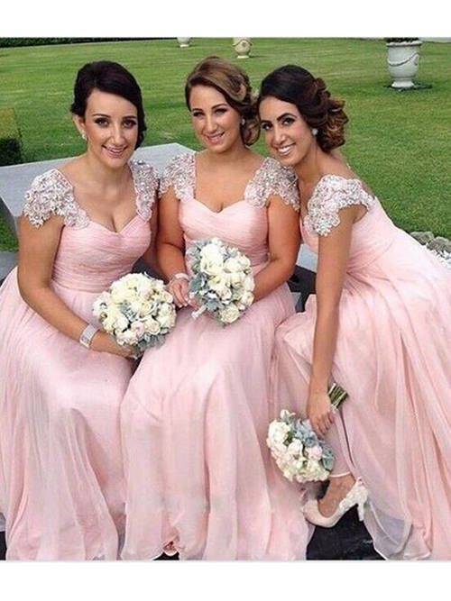 A-line Straps Chiffon Pink Bridesmaid Dresses