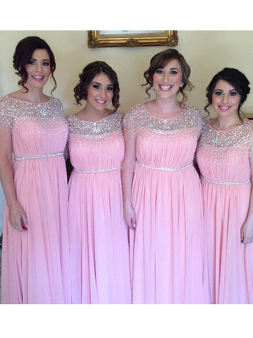 A-line Scoop Chiffon Pink Bridesmaid Dresses Beads