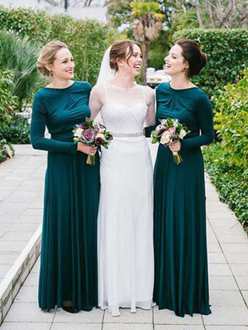 A-line Bateau Satin Sleeves Dark Green Bridesmaid Dresses