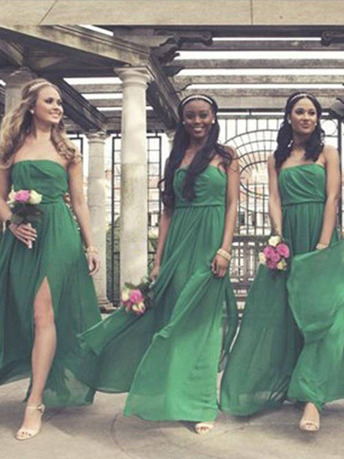 A-line Strapless Chiffon Green Bridesmaid Dresses