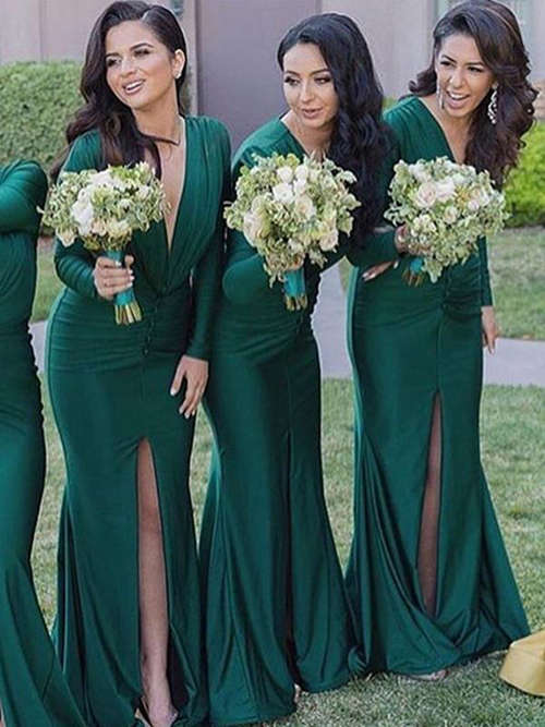 Mermaid V Neck Green Satin Sleeves Bridesmaid Dresses