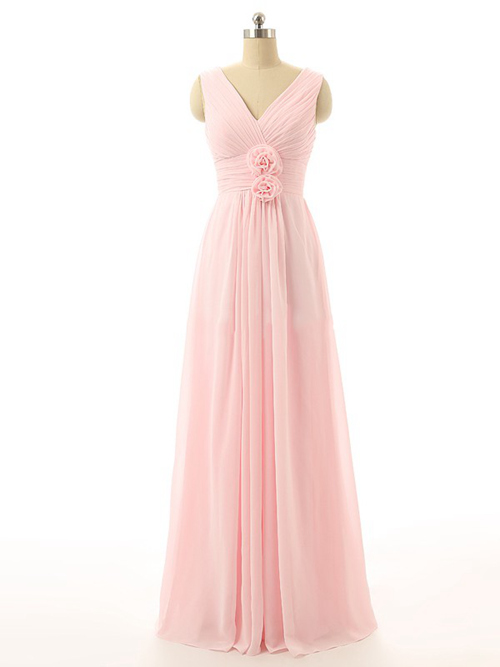 A-line V Neck Chiffon Pink Bridesmaid Dress Flowers