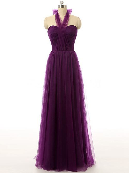 A-line Halter Tulle Purple Bridesmaid Dress