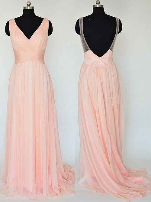 A-line V Neck Pink Chiffon Bridesmaid Dress