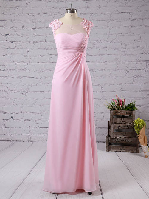 A-line Sheer Chiffon Pink Bridesmaid Dress Applique