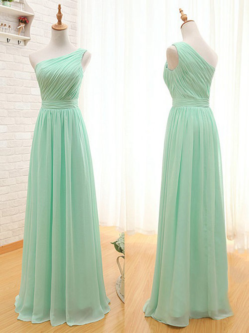 A-line One Shoulder Mint Green Chiffon Bridesmaid Dress