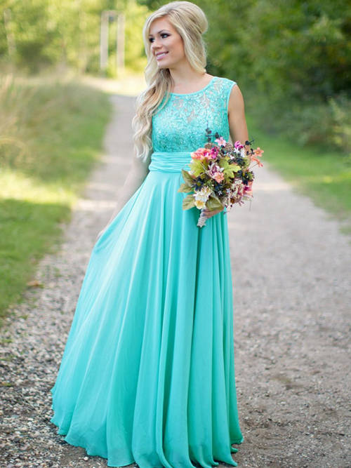 A-line Scoop Chiffon Lace Green Bridesmaid Dress