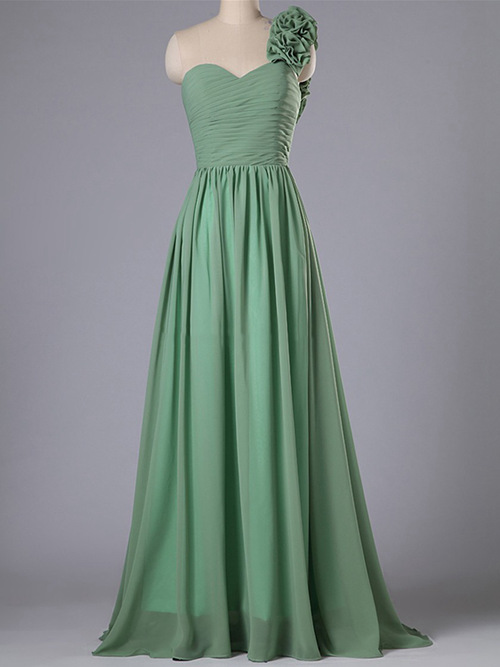 A-line One Shoulder Chiffon Green Bridesmaid Dress Frills