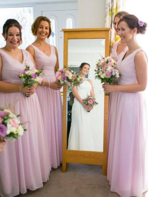 A-line V Neck Pink Chiffon Bridesmaid Dresses