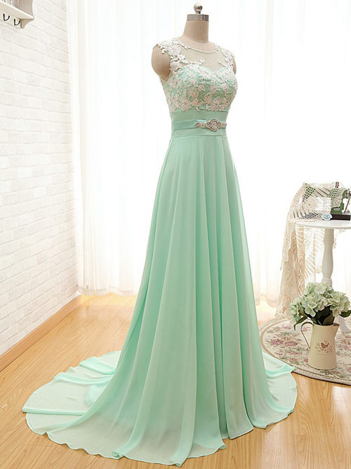 A-line Sheer Chiffon Mint Green Bridesmaid Dress Applique
