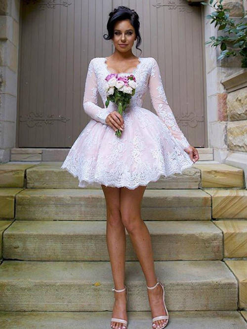 Ball Gown V Neck Lace Sleeves Short Bridesmaid Dress