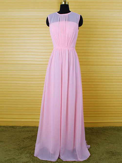 A-line Sheer Pink Chiffon Bridesmaid Dress