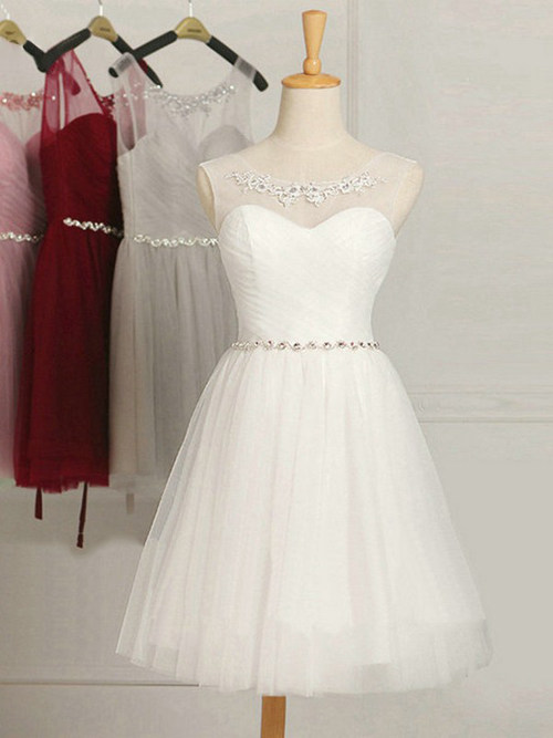 A-line Sheer Tulle Short Bridesmaid Dress Beads