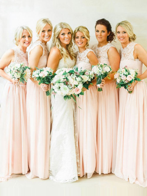 A-line Jewel Lace Chiffon Pink Bridesmaid Dresses