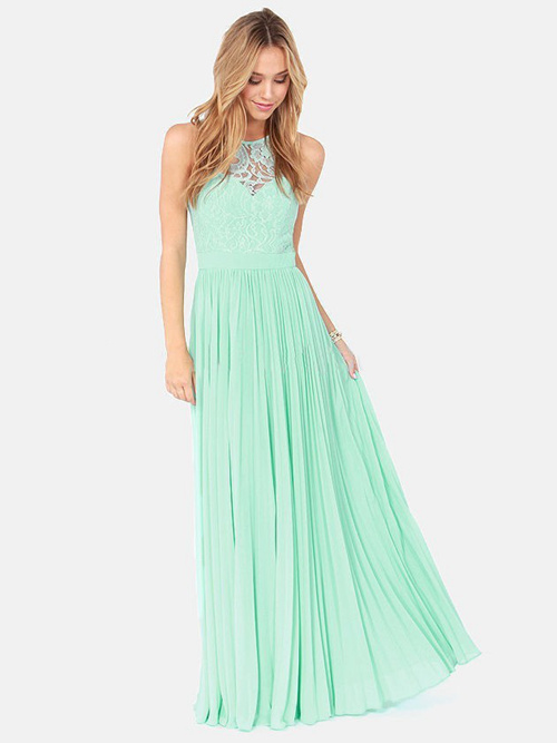 A-line Jewel Chiffon Lace Mint Bridesmaid Dress