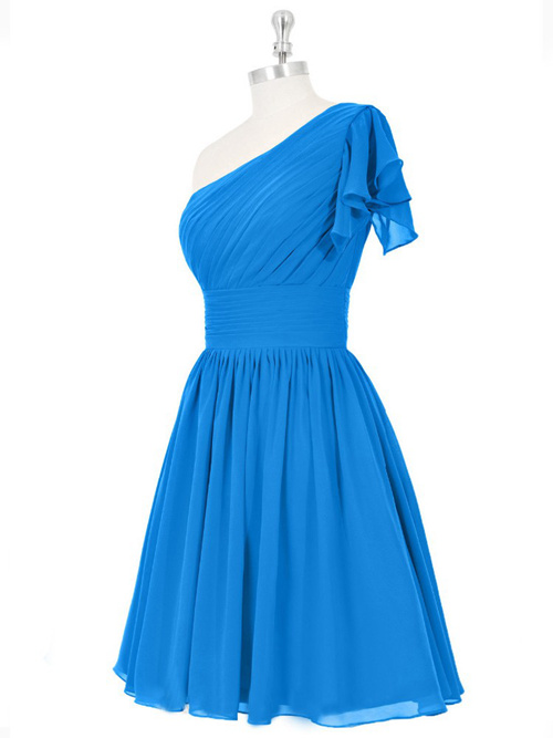 A-line One Shoulder Chiffon Short Blue Bridesmaid Dress