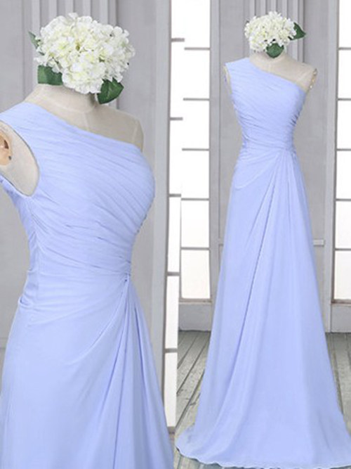 A-line One Shoulder Chiffon Light Blue Bridesmaid Dress