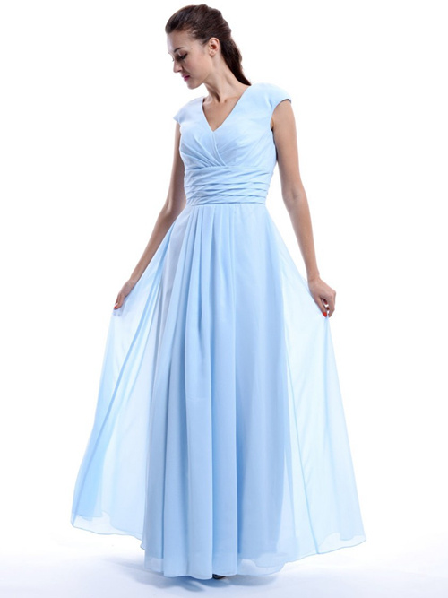 A-line V Neck Chiffon Sky Blue Bridesmaid Dress