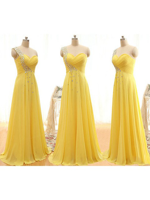 A-line One Shoulder Chiffon Yellow Bridesmaid Dress Beads