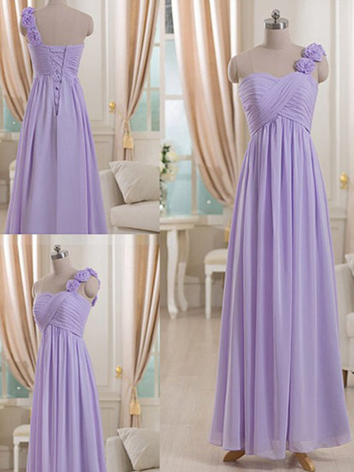 A-line One Shoulder Chiffon Lavender Bridesmaid Dress Frills