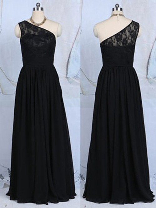 A-line One Shoulder Lace Chiffon Black Bridesmaid Gown