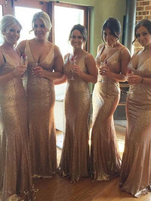 Mermaid V Neck Sequins Bridesmaid Gowns