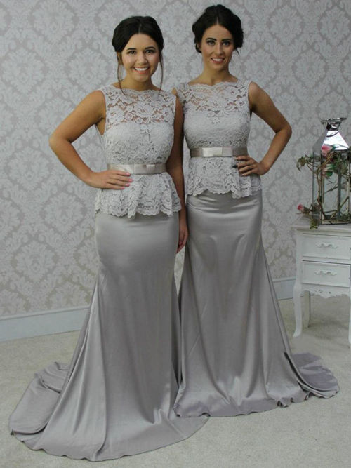 Mermaid Lace Satin Silver Bridesmaid Gowns