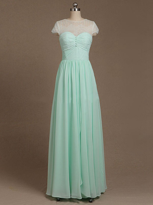 A-line Sheer Lace Chiffon Mint Bridesmaid Dress