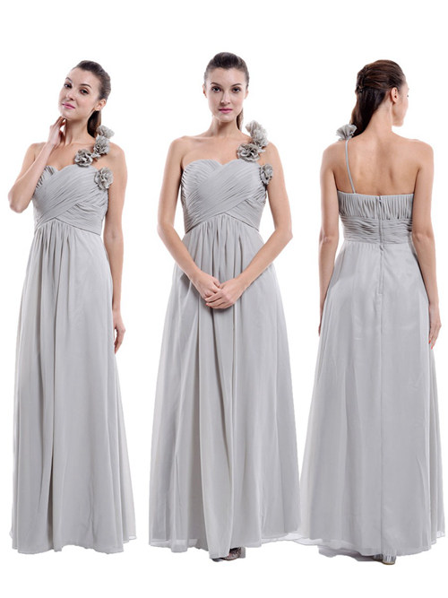 A-line One Shoulder Chiffon Grey Bridesmaid Dress Flowers