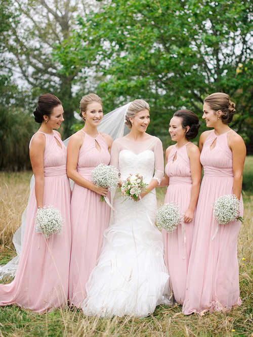 A-line Halter Chiffon Pink Bridesmaid Dresses